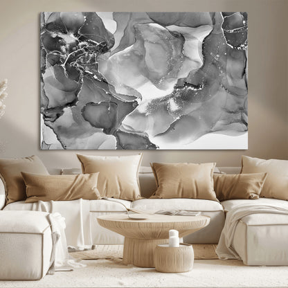 15911-MGV-CV-36X24-Black and White Abstract Wall Art – Modern Ink Swirl Canvas Print, Minimalist Contemporary Painting for Living Room, Bedroom,