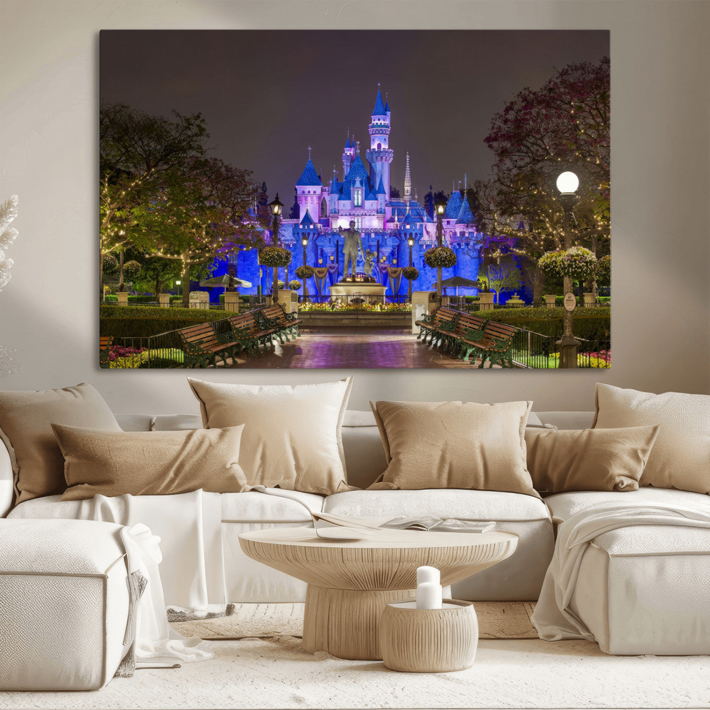 63560-MGV-CV-36X24-Fairy Tale Castle Wall Art – Magical Night Scene Canvas Print with Lights and Gardens, Fantasy Architecture Artwork for Living