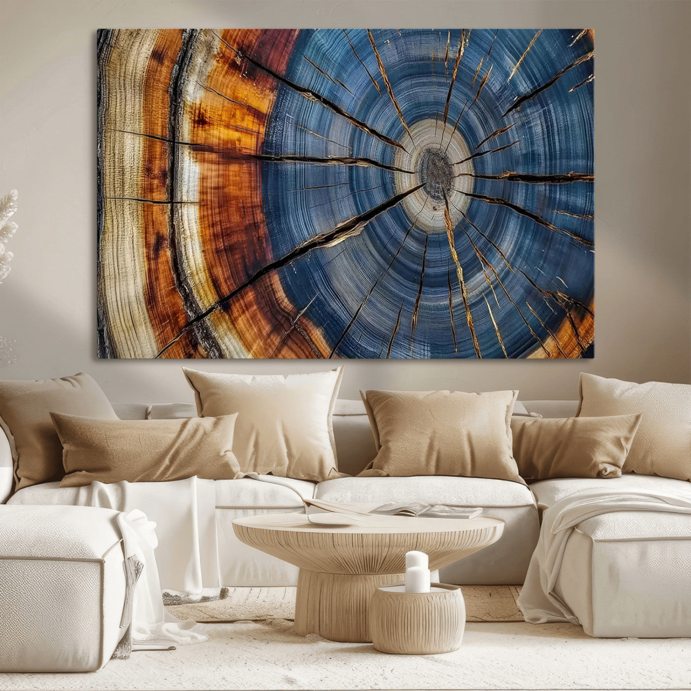 10583-MGV-CV-36X24-Tree Ring Wall Art – Abstract Wood Grain Canvas Print with Blue and Brown Tones, Nature Inspired Rustic Artwork for Living Room,