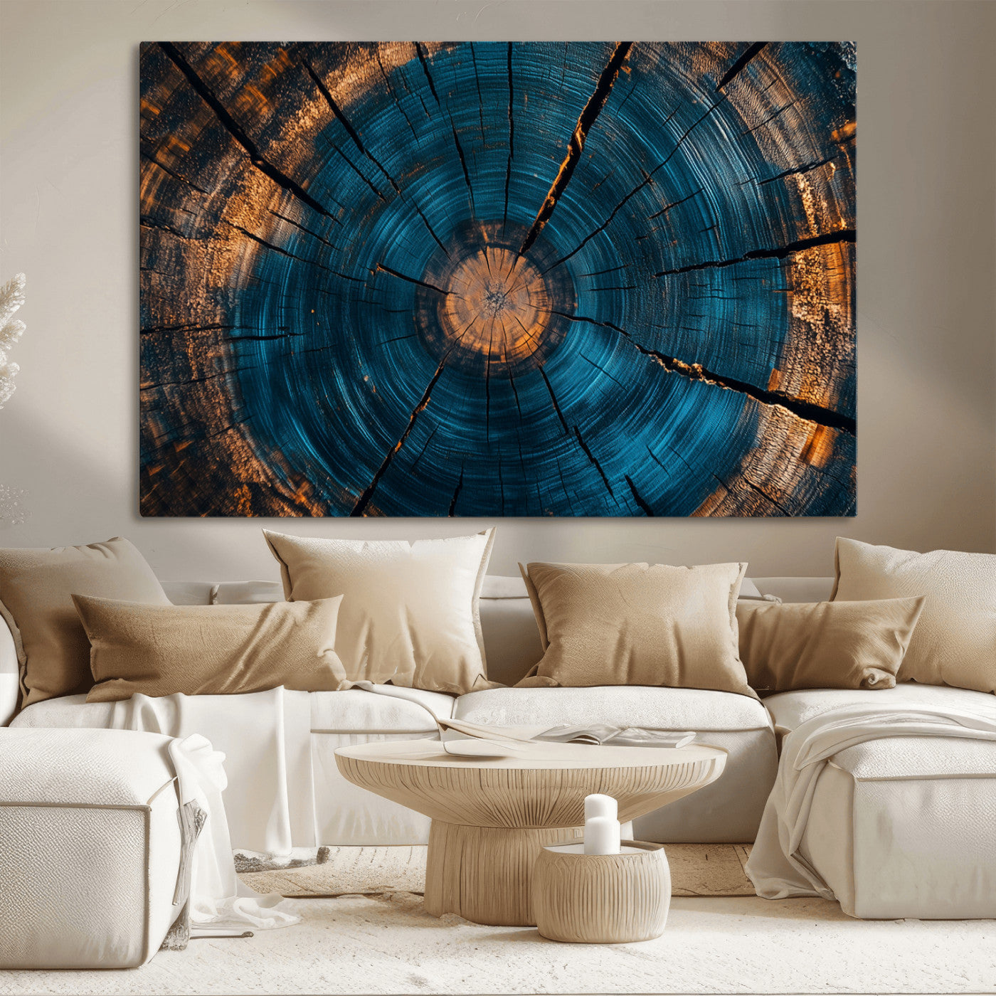 13398-MGV-CV-36X24-Tree Ring Wall Art – Abstract Wood Grain Canvas Print with Blue and Orange Accents, Rustic Nature Inspired Artwork for Living