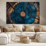 13398-MGV-CV-36X24-Tree Ring Wall Art – Abstract Wood Grain Canvas Print with Blue and Orange Accents, Rustic Nature Inspired Artwork for Living