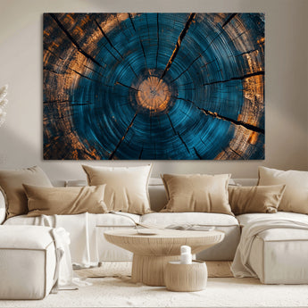 13398-MGV-CV-36X24-Tree Ring Wall Art – Abstract Wood Grain Canvas Print with Blue and Orange Accents, Rustic Nature Inspired Artwork for Living