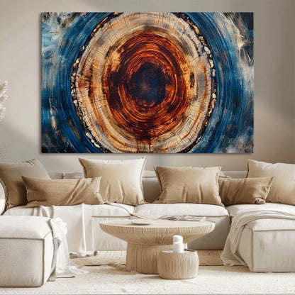 90395-MGV-CV-36X24-Tree Ring Wall Art – Abstract Wood Grain Canvas Print with Fiery Red and Blue Tones, Bold Rustic Nature Inspired Artwork Decor for