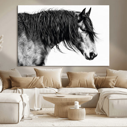 57694-MGV-CV-36X24-Horse Portrait Wall Art – Black and White Canvas Print with Detailed Stallion Profile, Rustic Farmhouse Equestrian Artwork for