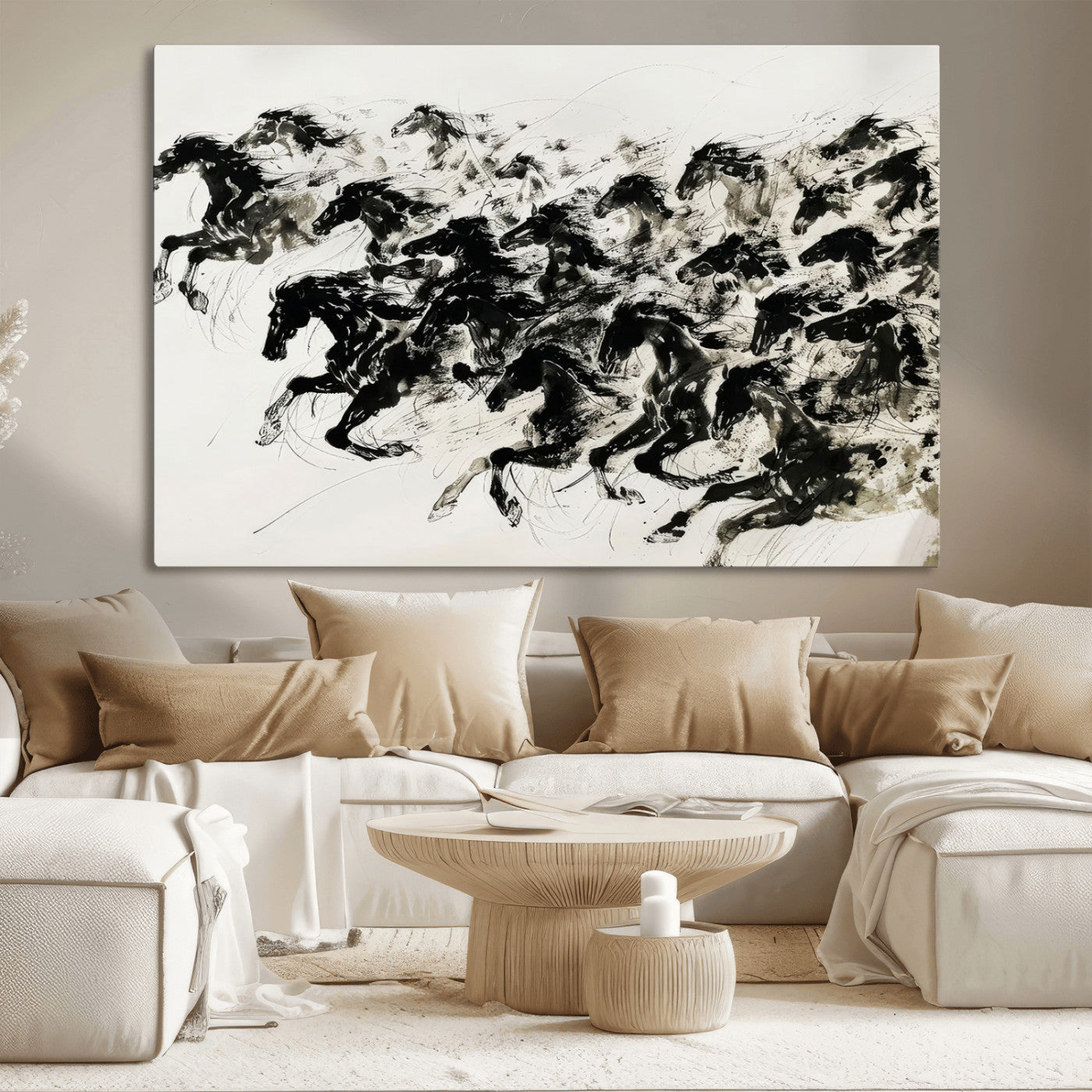 23069-MGV-CV-36X24-Galloping Horses Wall Art – Black Ink Painting on Canvas, Dynamic Equestrian Artwork with Running Stallions, Expressive Modern
