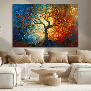 66056-MGV-CV-36X24-Mosaic Tree of Life Wall Art – Colorful Stained Glass Style Canvas Print with Radiant Blue and Orange Tones, Modern Decorative
