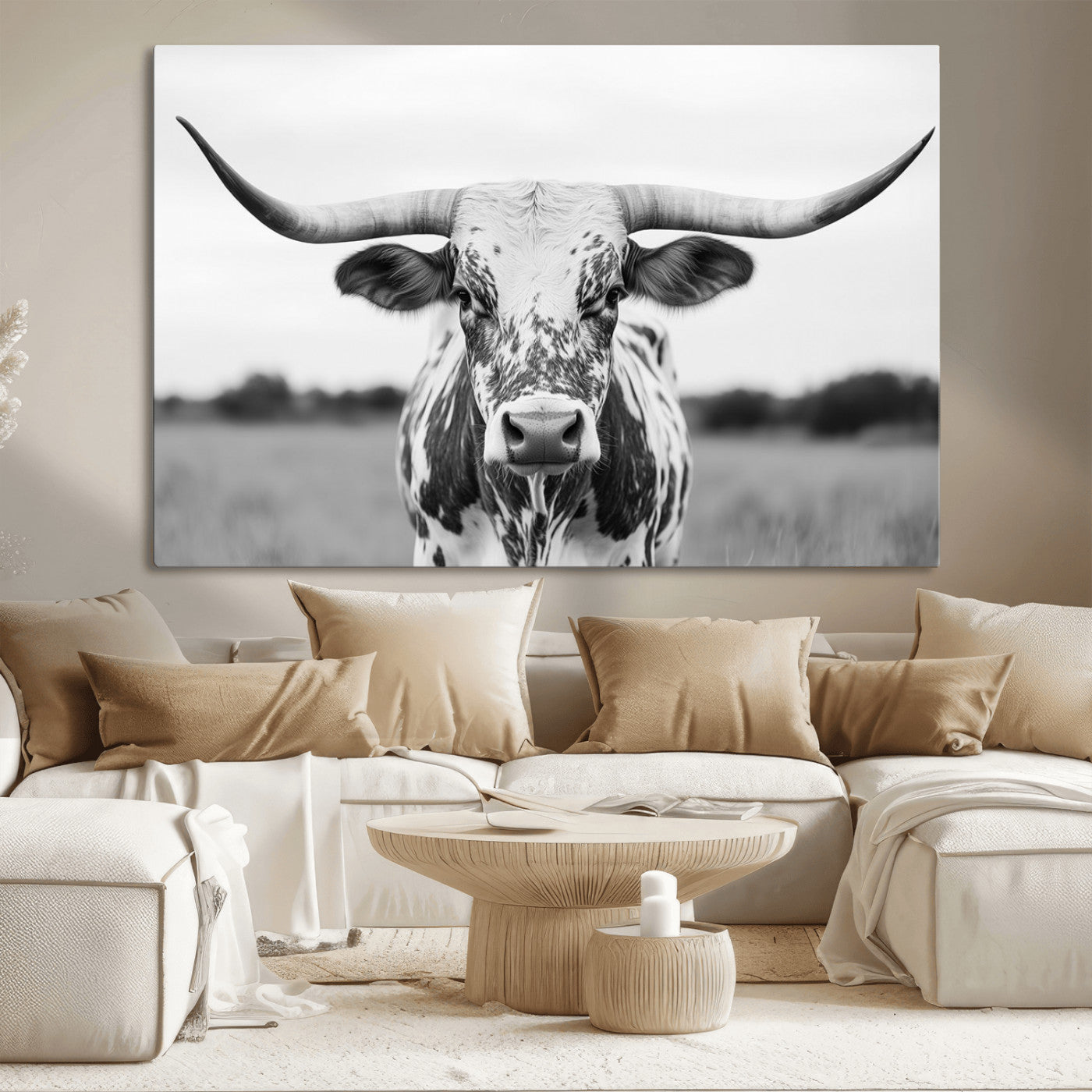 20272-MGV-CV-36X24-Highland Cow Wall Art – Black and White Western Longhorn Canvas Print, Farmhouse Living Room Decor Southwestern Animal Artwork for