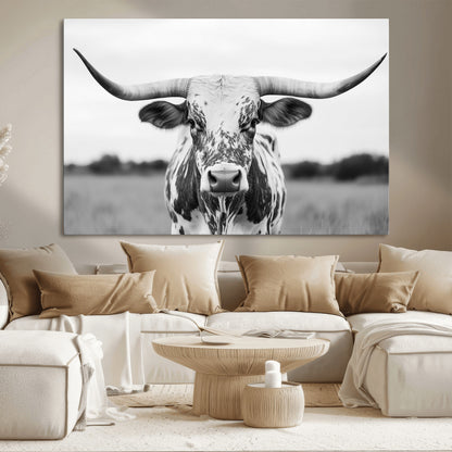 20272-MGV-CV-36X24-Highland Cow Wall Art – Black and White Western Longhorn Canvas Print, Farmhouse Living Room Decor Southwestern Animal Artwork for