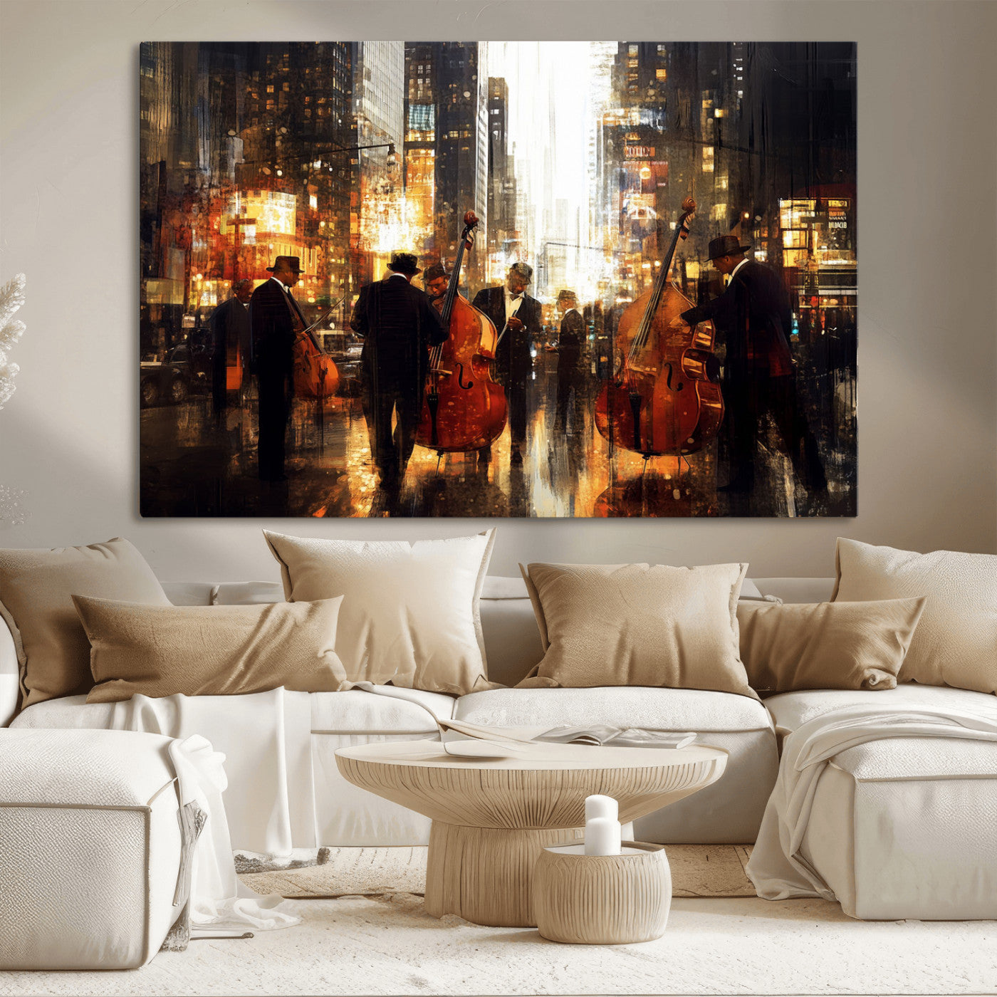 58782-MGV-CV-36X24-Jazz Musicians Cityscape Wall Art – Vibrant Urban Night Canvas Print, Elegant Music Themed Decor for Living Room, Office, or Music