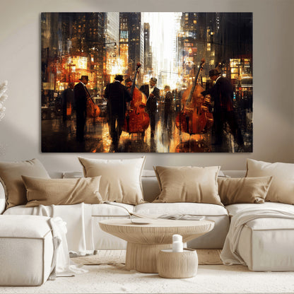 58782-MGV-CV-36X24-Jazz Musicians Cityscape Wall Art – Vibrant Urban Night Canvas Print, Elegant Music Themed Decor for Living Room, Office, or Music