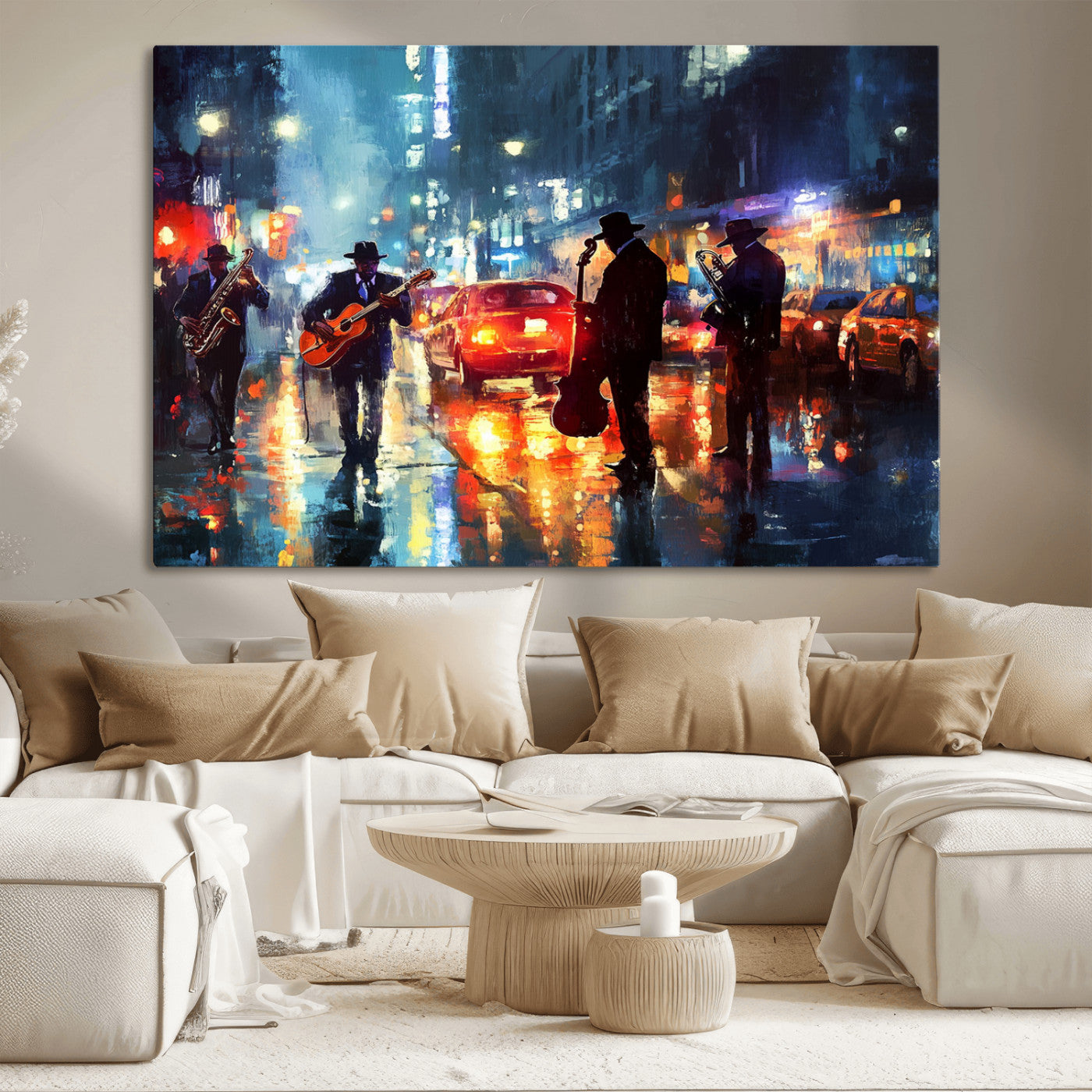 94605-MGV-CV-36X24-City Jazz Night Wall Art – Vibrant Music Canvas Print Featuring Saxophone, Guitar and Bass Players, Urban Street Scene Artwork for