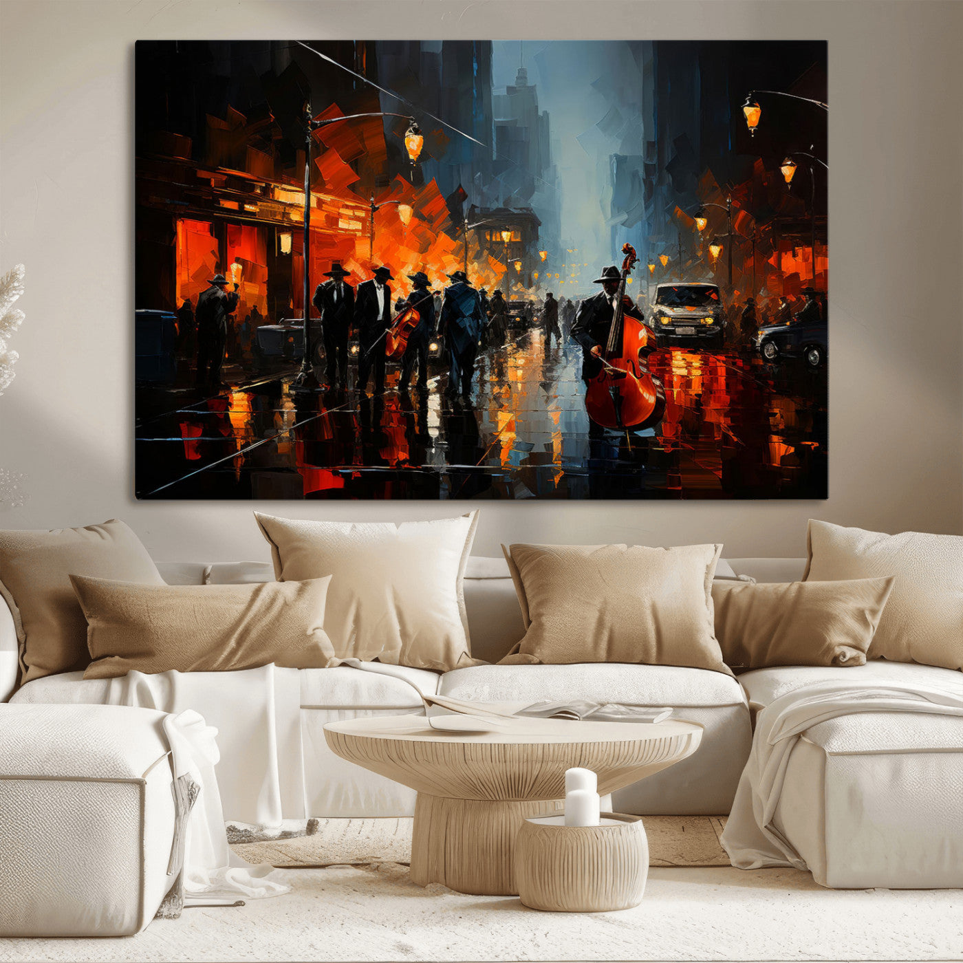 46538-MGV-CV-36X24-Urban Jazz Night Wall Art – Dramatic Music Canvas Print with Double Bass and Street Musicians, Modern City Scene Artwork for
