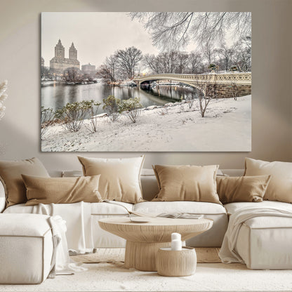 60292-MGV-CV-36X24-Central Park Winter Wall Art – Snowy Bow Bridge Canvas Print, Scenic New York City Landscape Photography for Living Room, Bedroom