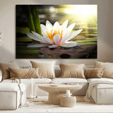 40478-MGV-CV-36X24-Water Lily Wall Art – White Lotus Flower Canvas Print with Sunlight Reflection, Serene Botanical Artwork for Living Room, Bedroom,