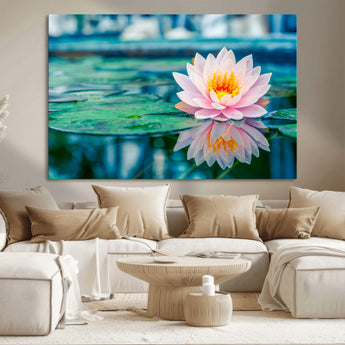 65933-MGV-CV-36X24-Pink Water Lily Wall Art – Lotus Flower Canvas Print with Reflection on Calm Water, Peaceful Botanical Artwork for Living Room,