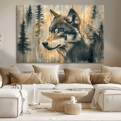 51892-MGV-CV-36X24-Wolf Wall Art – Rustic Canvas Print of Wolf with Forest Trees on Wood Texture, Wildlife Lodge Artwork for Living Room, Bedroom,