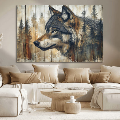 91882-MGV-CV-36X24-Wolf Wall Art – Rustic Canvas Print of Forest Wolf on Wood Background, Wildlife Lodge Artwork for Living Room, Bedroom, Cabin, or