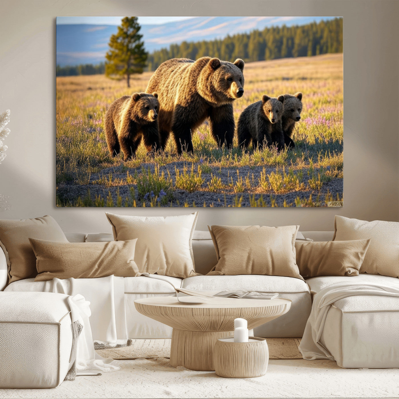 43400-MGV-CV-36X24-Bear Family Wall Art – Wildlife Canvas Print of Mother Bear with Cubs in Sunlit Meadow, Rustic Animal Artwork for Living Room,