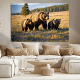 43400-MGV-CV-36X24-Bear Family Wall Art – Wildlife Canvas Print of Mother Bear with Cubs in Sunlit Meadow, Rustic Animal Artwork for Living Room,