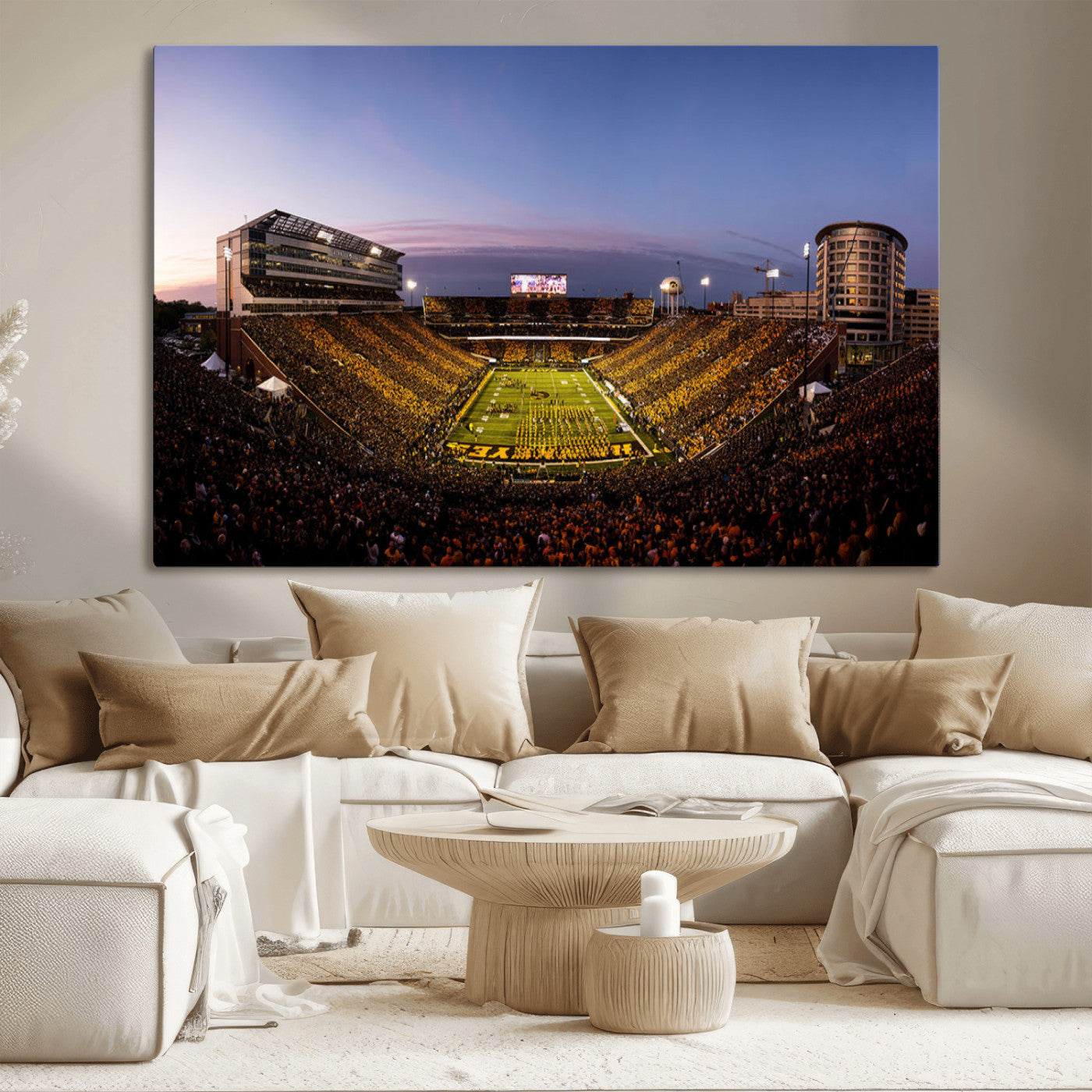 82557-MGV-CV-36X24-College Football Stadium Wall Art – Panoramic Sunset Canvas Print with Marching Band and Game Day Crowd, Sports Artwork for Man