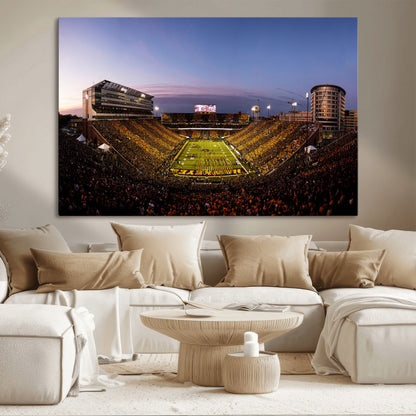 82557-MGV-CV-36X24-College Football Stadium Wall Art – Panoramic Sunset Canvas Print with Marching Band and Game Day Crowd, Sports Artwork for Man