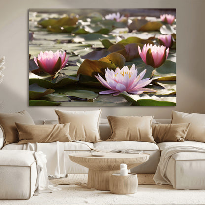 28394-MGV-CV-36X24-Water Lily Pond Wall Art – Pink Lotus Flowers Canvas Print with Green Lily Pads, Peaceful Botanical Artwork for Living Room,