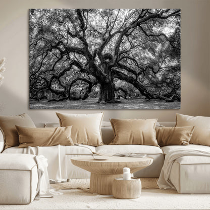 132944706-MGV-CV-36X24-Ancient Tree Wall Art – Black and White Photography Canvas Print Featuring Majestic Twisting Branches, Rustic Nature Artwork for