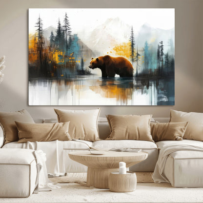50308-MGV-CV-36X24-Abstract Rustic Bear Wall Art – Forest and Mountain Scene Canvas Print, Nature Artwork for Modern Farmhouse or Log Cabin Decor