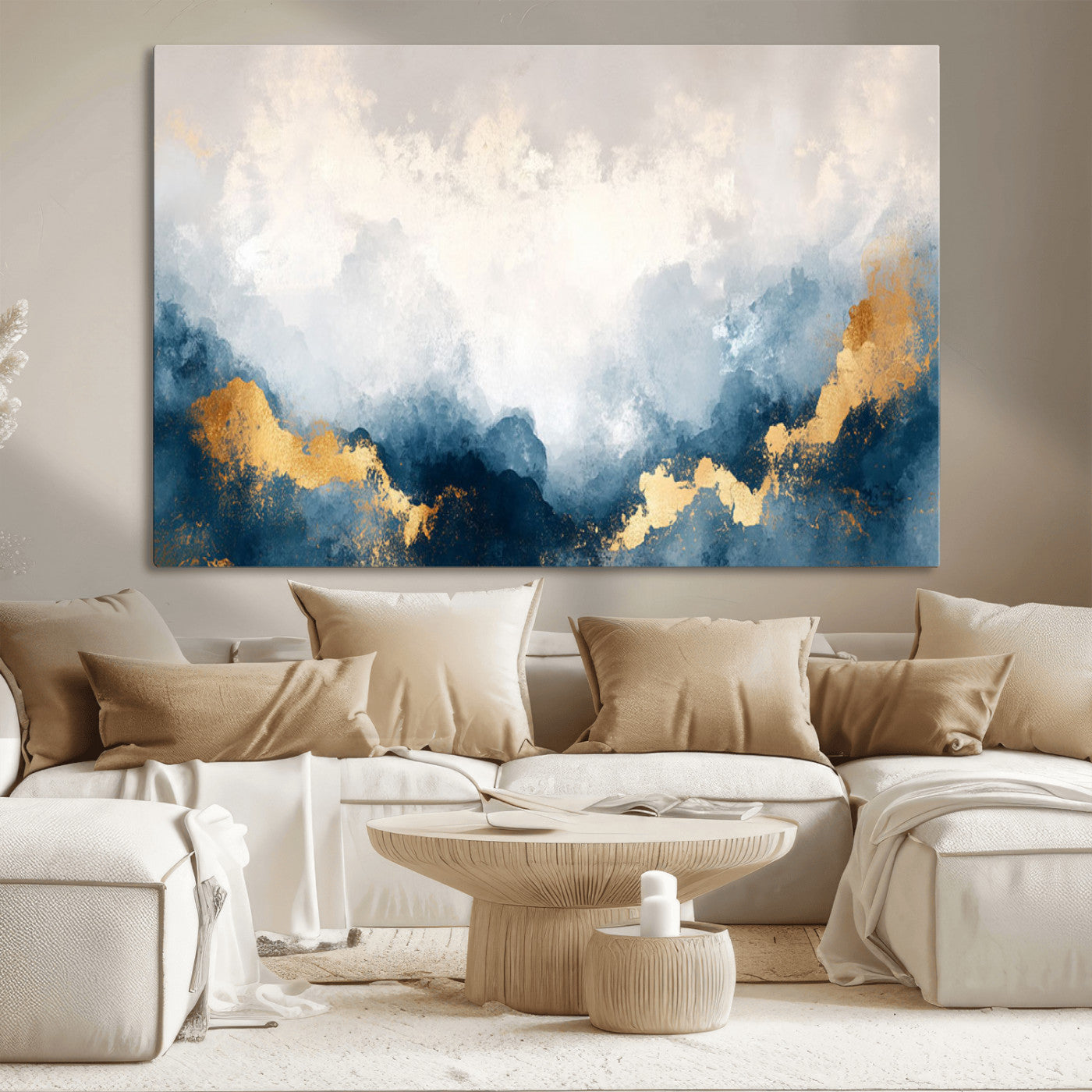 14578-MGV-CV-36X24-Abstract Wall Art – Modern Canvas Print Featuring Blue and White Clouds with Golden Accents, Contemporary Elegant Artwork for