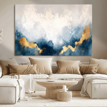 14578-MGV-CV-36X24-Abstract Wall Art – Modern Canvas Print Featuring Blue and White Clouds with Golden Accents, Contemporary Elegant Artwork for