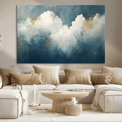 75131-MGV-CV-36X24-Abstract Cloud Wall Art – Modern Canvas Print Featuring Blue and White Clouds with Golden Accents, Contemporary Artwork for Living