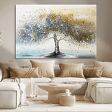 24771-MGV-CV-36X24-Silver Tree Wall Art Canvas Print, Framed Golden Leaves Art Picture Print, Metallic Tree Perfect Minimalist Luxury Decor Artwork