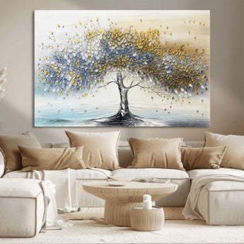 24771-MGV-CV-36X24-Silver Tree Wall Art Canvas Print, Framed Golden Leaves Art Picture Print, Metallic Tree Perfect Minimalist Luxury Decor Artwork