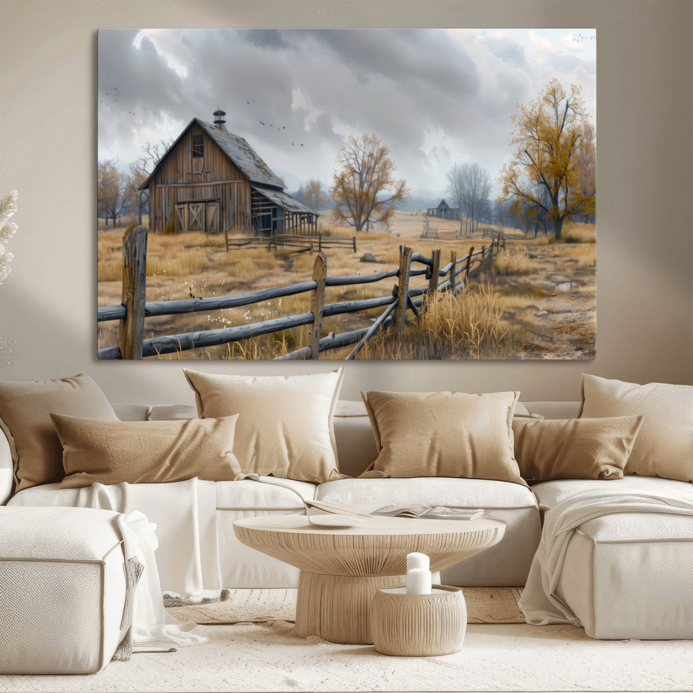 Farm1-MGV-CV-36X24-Rustic Autumn Farmhouse Wall Art – Serene Countryside Scene Canvas Print, Weathered Barn and Autumn Trees Decor for Living Room,