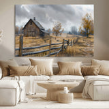 Farm1-MGV-CV-36X24-Rustic Autumn Farmhouse Wall Art – Serene Countryside Scene Canvas Print, Weathered Barn and Autumn Trees Decor for Living Room,