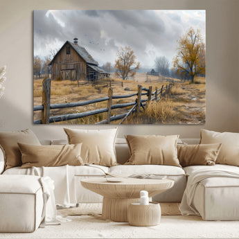 Farm1-MGV-CV-36X24-Rustic Autumn Farmhouse Wall Art – Serene Countryside Scene Canvas Print, Weathered Barn and Autumn Trees Decor for Living Room,