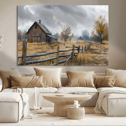 Farm1-MGV-CV-36X24-Rustic Autumn Farmhouse Wall Art – Serene Countryside Scene Canvas Print, Weathered Barn and Autumn Trees Decor for Living Room,