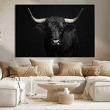 97914921-MGV-CV-36X24-Black Bull Wall Art Canvas Print, Framed Longhorn Bull Art Picture Print, Western Bull Perfect Monochrome Western Decor Artwork