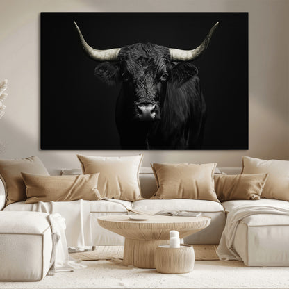 97914921-MGV-CV-36X24-Black Bull Wall Art Canvas Print, Framed Longhorn Bull Art Picture Print, Western Bull Perfect Monochrome Western Decor Artwork