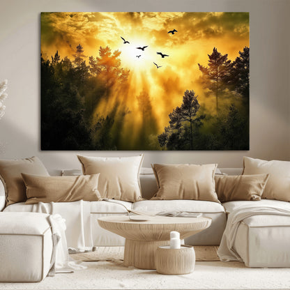 13776802-MGV-CV-36X24-Golden Forest Wall Art Canvas Print, Framed Sunset Pines Art Picture Print, Flying Birds Perfect Nature Glow Decor Artwork