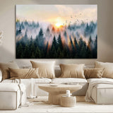 56391411-MGV-CV-36X24-Misty Forest Wall Art Canvas Print, Framed Sunrise Pines Art Picture Print, Moody Pines Perfect Serene Woodland Decor Artwork