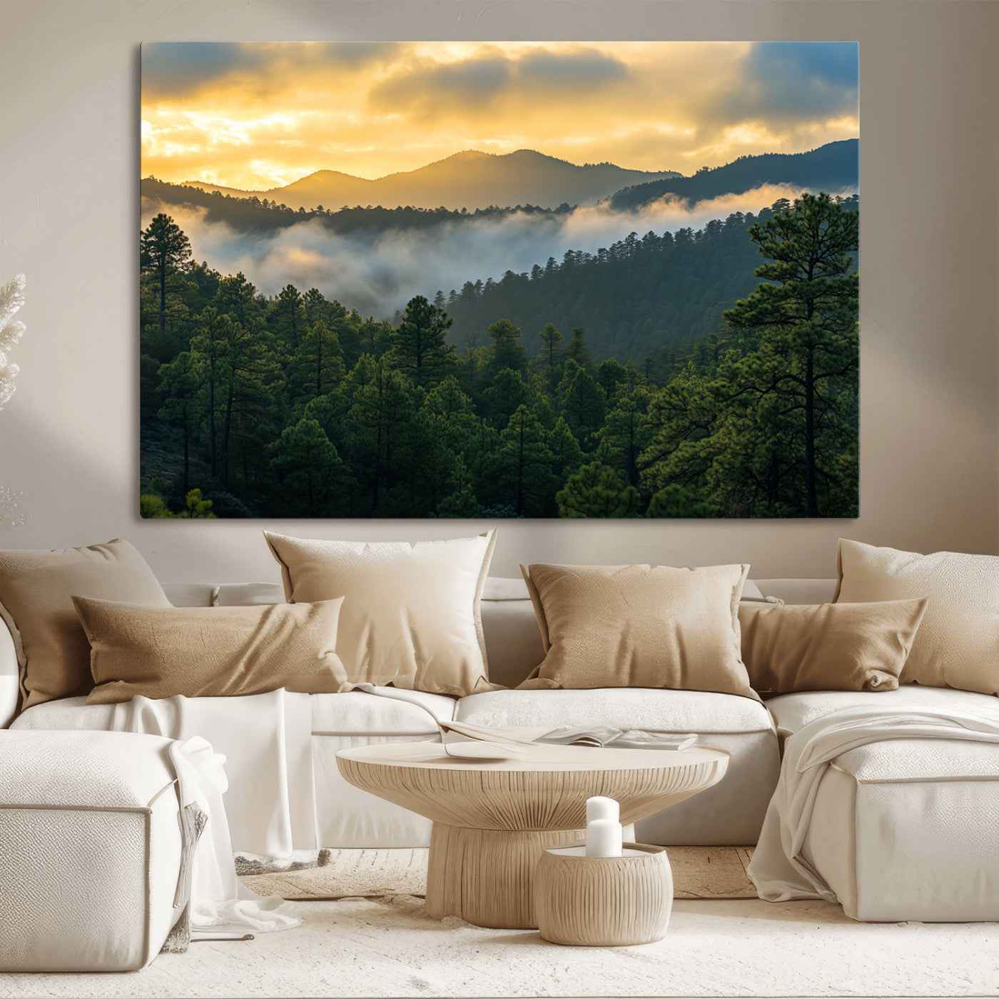 68082278-MGV-CV-36X24-Mountain Sunrise Wall Art Canvas Print, Framed Pine Forest Art Picture Print, Misty Mountains Perfect Earthy Woodland Decor