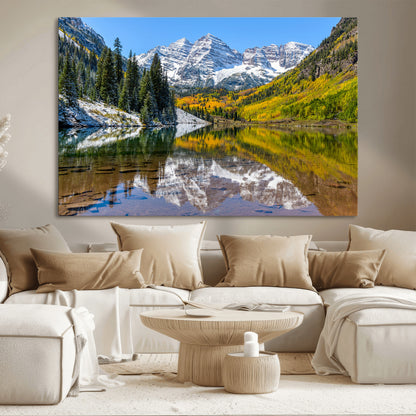 87724099-MGV-CV-36X24-Maroon Bells Wall Art Canvas Print, Framed Snowy Mountains Art Picture Print, Pine Forest Perfect Vibrant Alpine Decor Artwork
