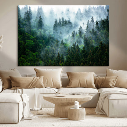 17393683-MGV-CV-36X24-Misty Forest Art Wall Art Canvas Print, Framed Foggy Mountain Art Art Picture Print, Scenic Wall Print Perfect Decor Artwork