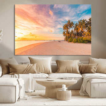 41542880-MGV-CV-36X24-Tropical Beach Wall Art Canvas Print, Framed Palm Trees Art Picture Print, Sunset Shore Perfect Tropical Coastal Decor Artwork