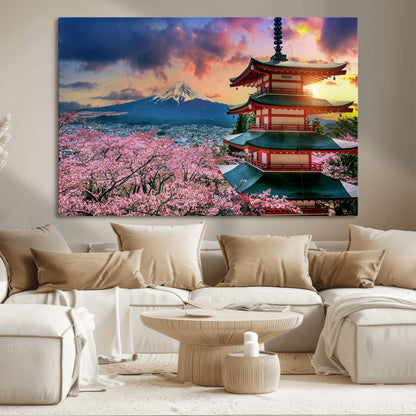 32331262-MGV-CV-36X24-Mount Fuji Japan Wall Art – Cherry Blossom Landscape Canvas Print, Chureito Pagoda Sunset Photography, Japanese Nature Travel