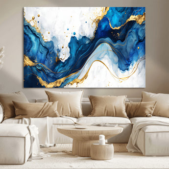 33506371-MGV-CV-36X24-Blue Marble Wall Art Canvas Print, Framed Gold Splash Art Picture Print, Abstract Wave Perfect Modern Luxe Decor Artwork