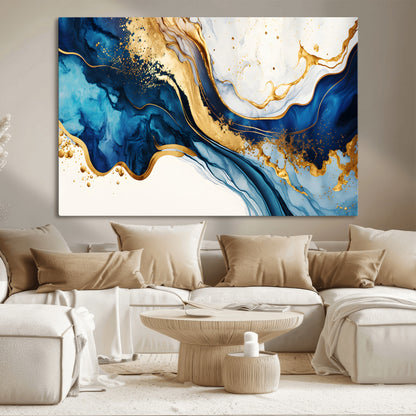 60283636-MGV-CV-36X24-Blue Gold Flow Wall Art Canvas Print, Framed Marble Texture Art Picture Print, Elegant Splash Perfect Elegant Abstract Decor