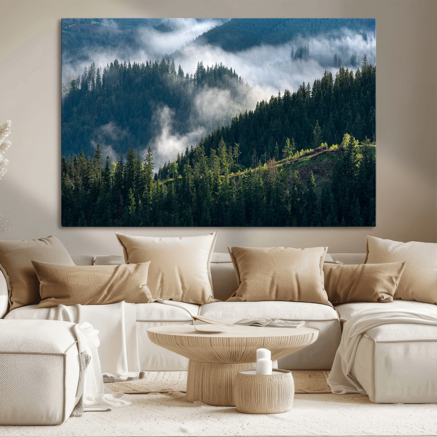 84598503-MGV-CV-36X24-Misty Forest Wall Art Canvas Print, Framed Pine Hills Art Picture Print, Moody Hills Perfect Moody Woodland Decor Artwork