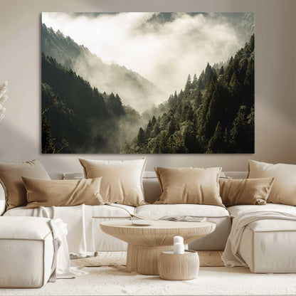 57570237-MGV-CV-36X24-Misty Valley Wall Art Canvas Print, Framed Foggy Forest Art Picture Print, Pine Trees Perfect Moody Woodland Decor Artwork